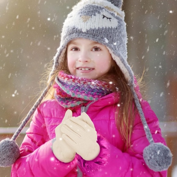 2 Pairs Kids Fleece Gloves Polar Full Finger Winter Warm Gloves Pink & off White - Picture 5 of 6